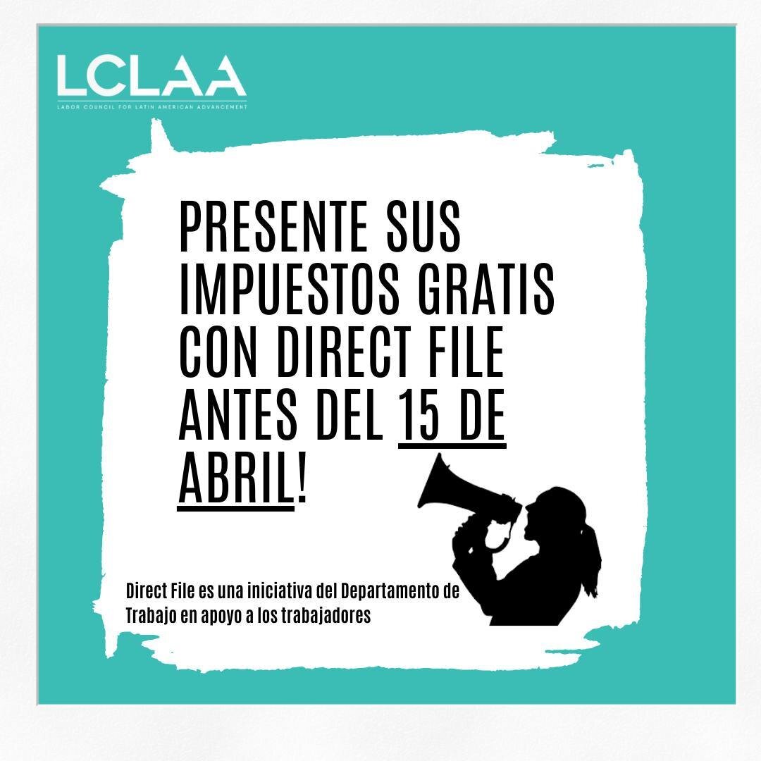 Presente sus impuestos gratis con Direct File antes del 15 de abril! Direct File est&aacute; disponible en espa&ntilde;ol e ingl&eacute;s y funciona desde tu tableta o computadora. Puede seguir la gu&iacute;a paso a paso que lo ayudar&aacute; a compl