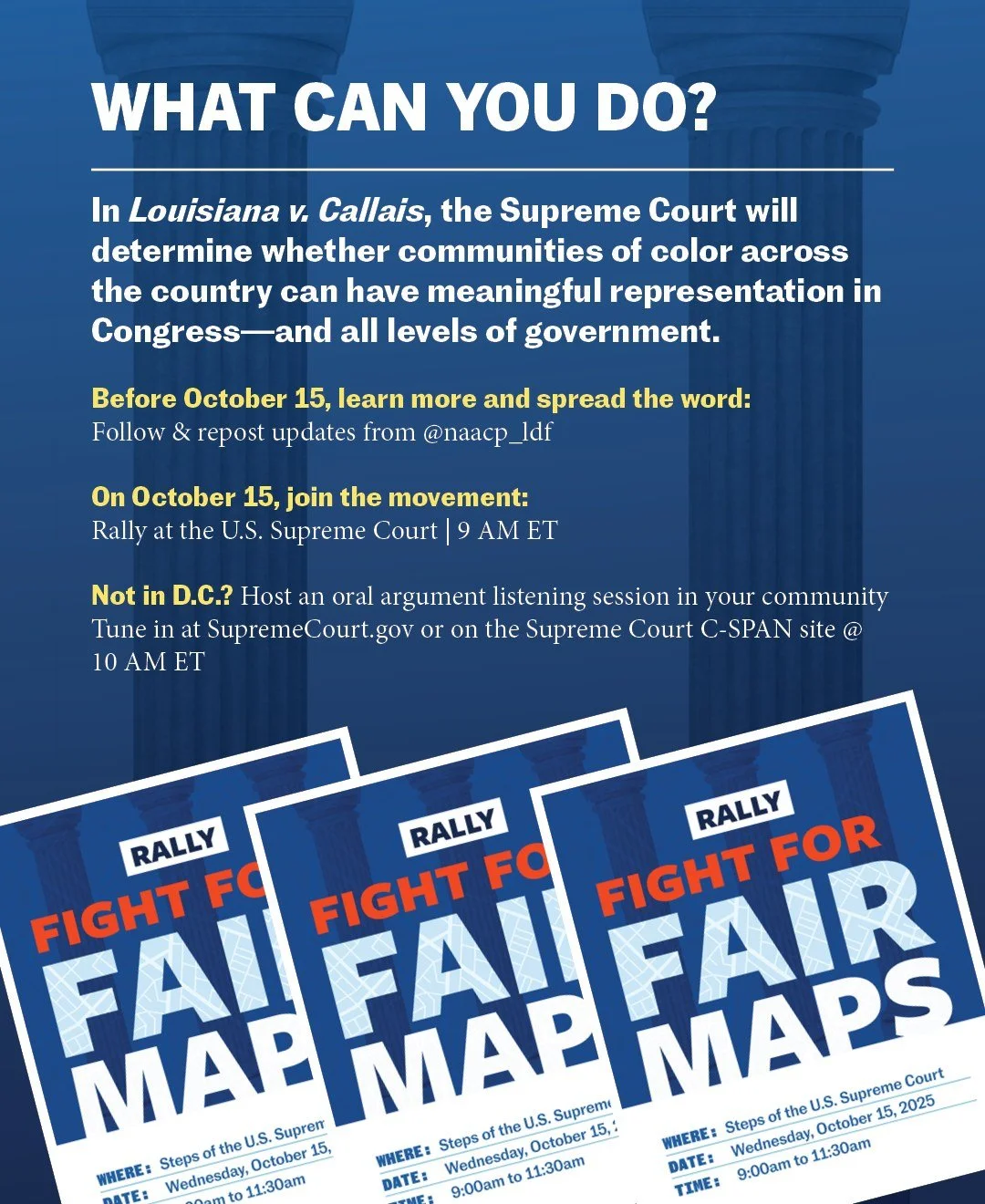 🚨 The VRA is on the line! Louisiana v. Callais is about more than just maps. It is about the future of our multi-racial democracy. Here&rsquo;s what YOU can do to help us spread the word ahead of 10/15 @NAACP_LDF