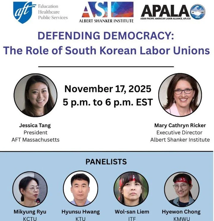 🌟Join the Conversation 
 LCLAA invites you to join the APALA-AFT-ASI webinar on how South Korean unions stood up for democracy. 

Hear from experts as they discuss: 
The role of South Korean unions in martial law protests 
mobilization tactics that 