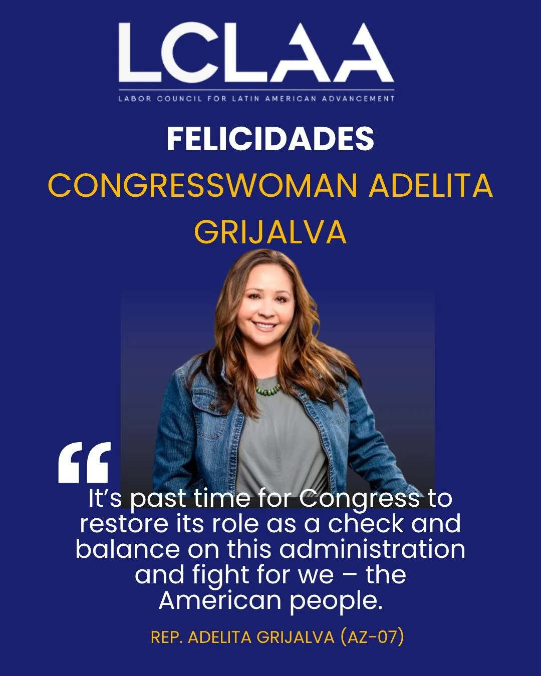 🗓️50 days after being elected by the people of Arizona&rsquo;s Seventh Congressional District, Congresswoman Adelita Grijalva was officially sworn in on Tuesday, November 12, 2025.

👏🏽LCLAA congratulates Representative Grijalva, the first Latina a