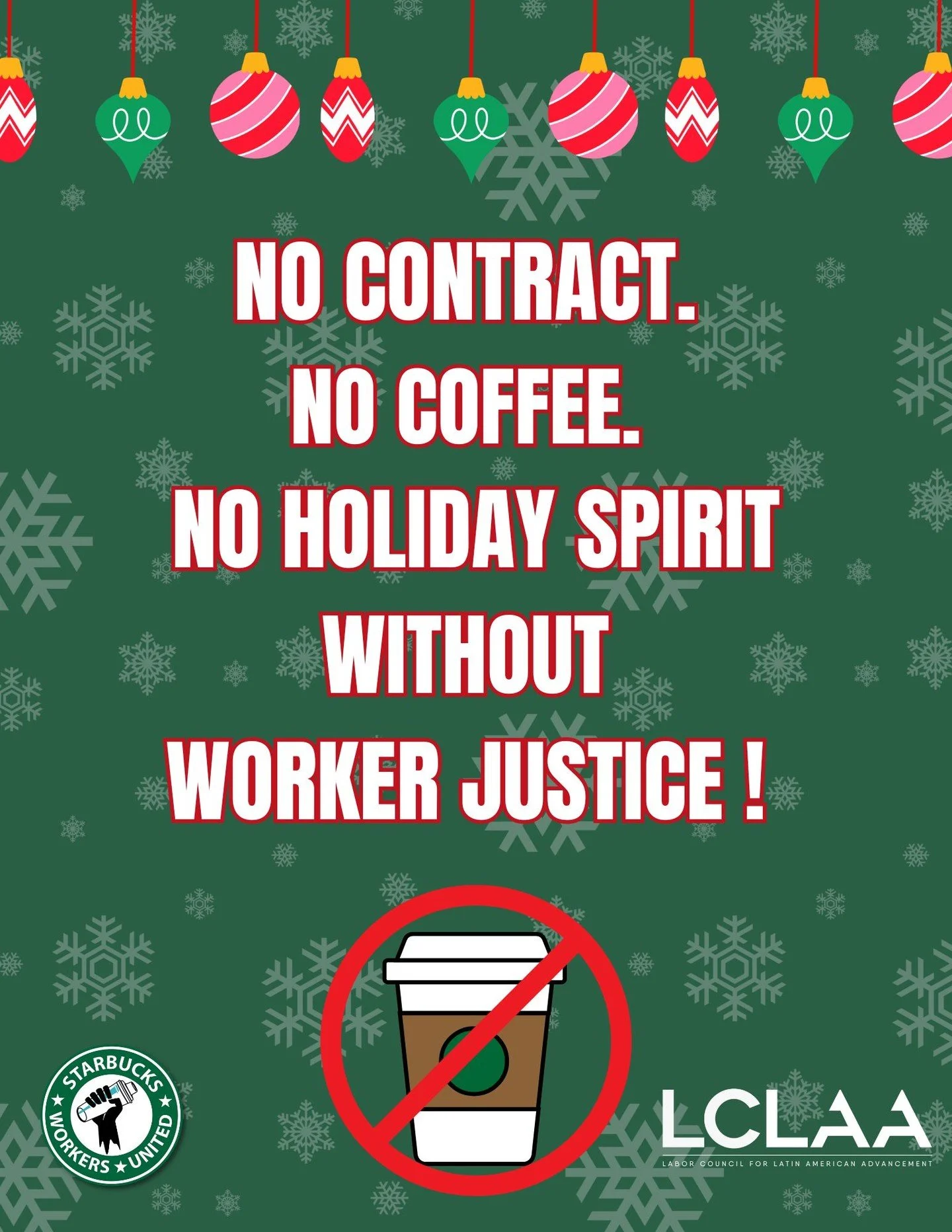 92% of unionized baristas have voted to strike after months of stalled bargaining and union-busting.
This Red Cup Day, join LCLAA in supporting Starbucks workers. ☕✊ Baristas are brewing change. #nocontractnocoffee #baristas #starbucks #strike #starb