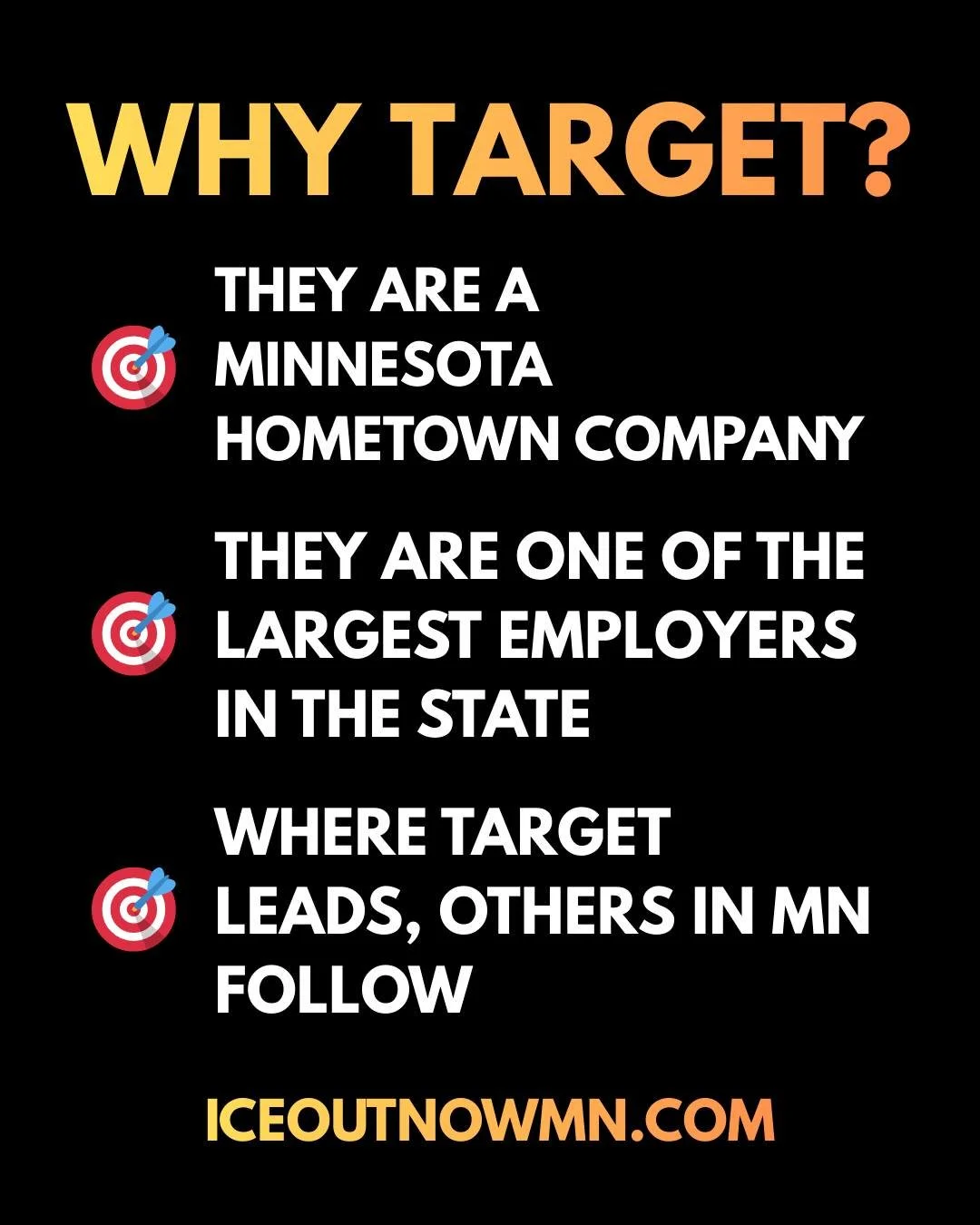 📣 It is time for Target to pick up a side! It's time they use their power to say 🗣️ ICE OUT of Minnesota. This week, wherever you are, find your nearest Target store, sit in to demand that this Minneapolis company stand up to ICE killings and haras