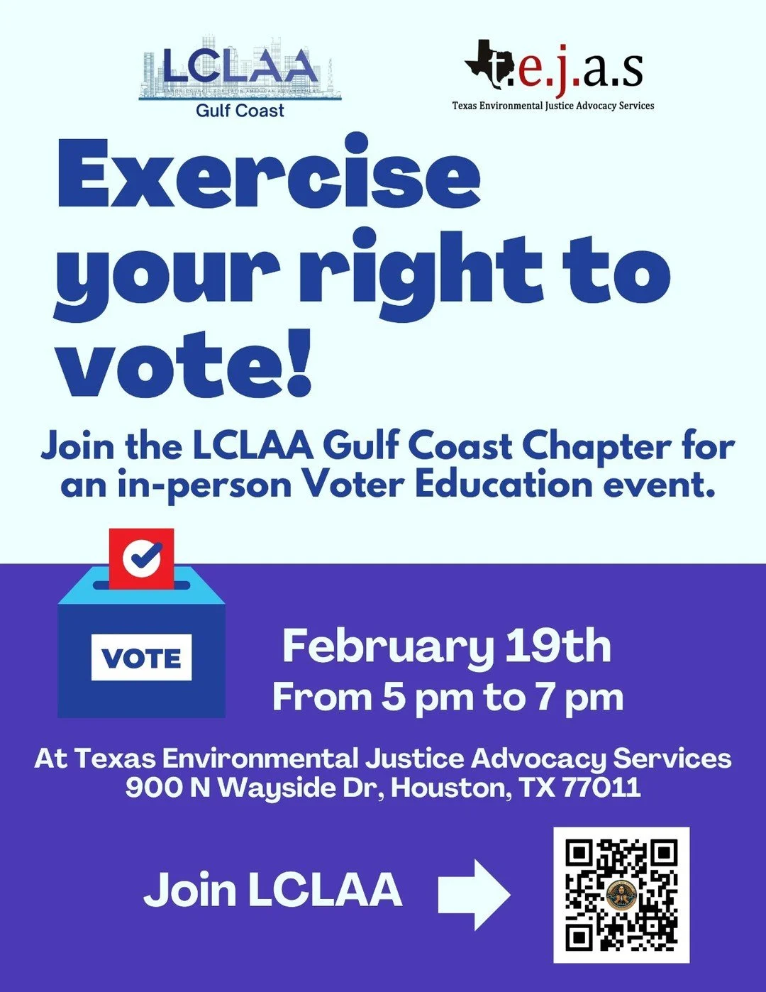 📣 Join the LCLAA Gulf Coast in the Houston area for an important and educational event! 
Let's exercise our right to vote to be prepared to continue defending our communities, our rights, and our achievements! #voterevent #unitedwestand #houston