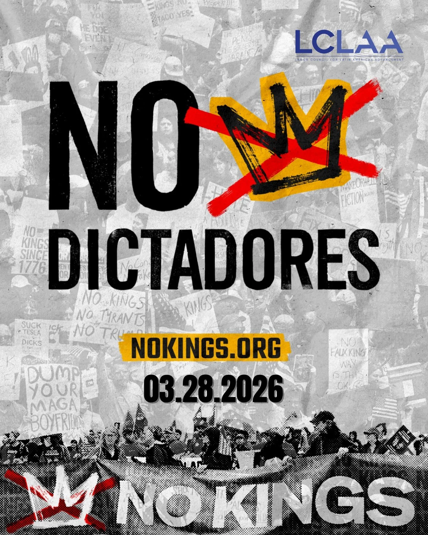 🚨 We&rsquo;re coming together again on March 28 to make it clear that the fear and intimidation aren&rsquo;t working. In America, we have NO KINGS a and power still belongs to the people. &iexcl;Ni reyes ni dictadores!! 💪 
Join us: https://loom.ly/
