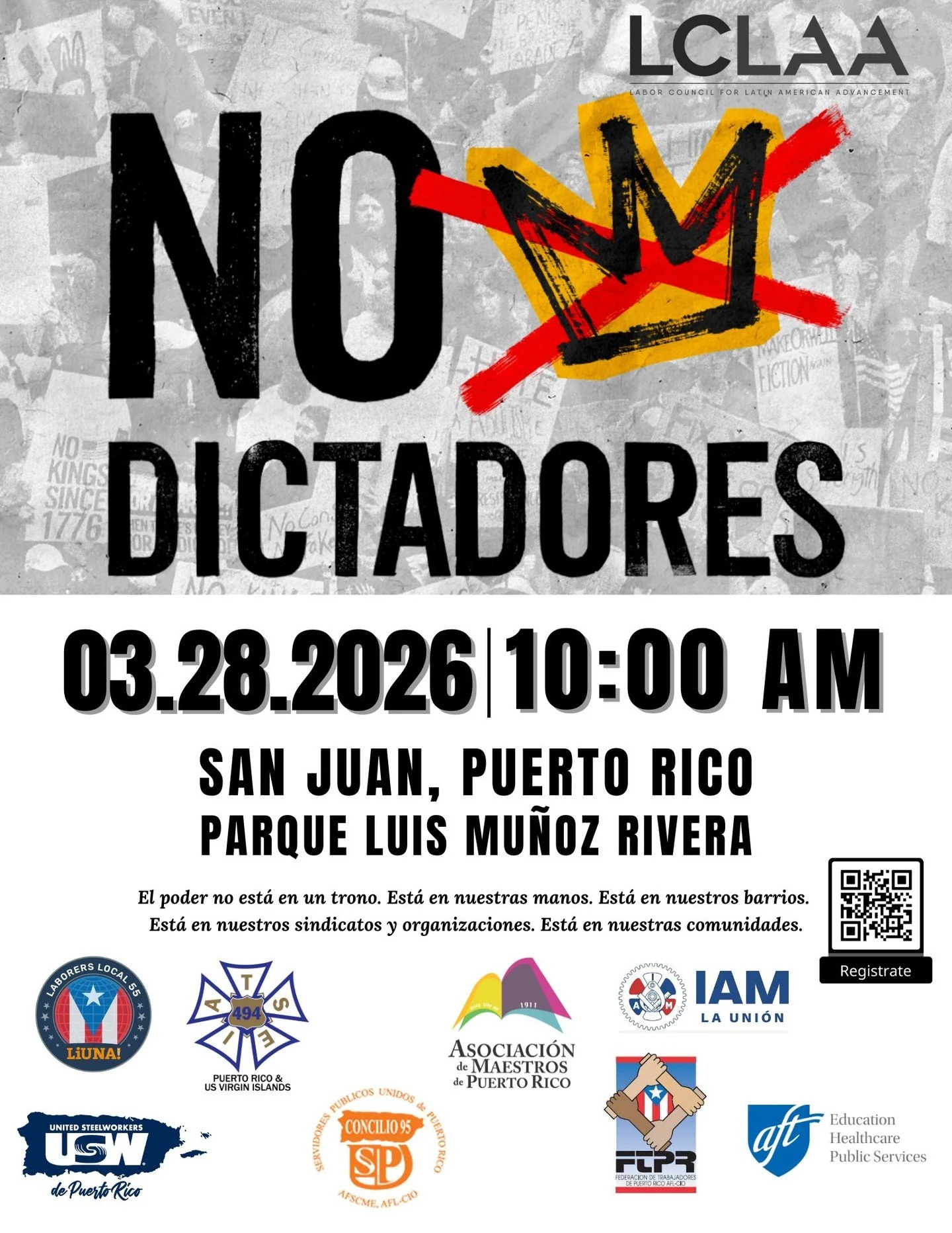 La corona cay&oacute; hace m&aacute;s de 200 a&ntilde;os. &iquest;Por qu&eacute; seguir rindiendo pleitec&iacute;a? 
Puerto Rico es dignidad, resistencia y el poder del pueblo. 
&iexcl;Marcha con nosotros para recordar que no tenemos ni reyes ni coro