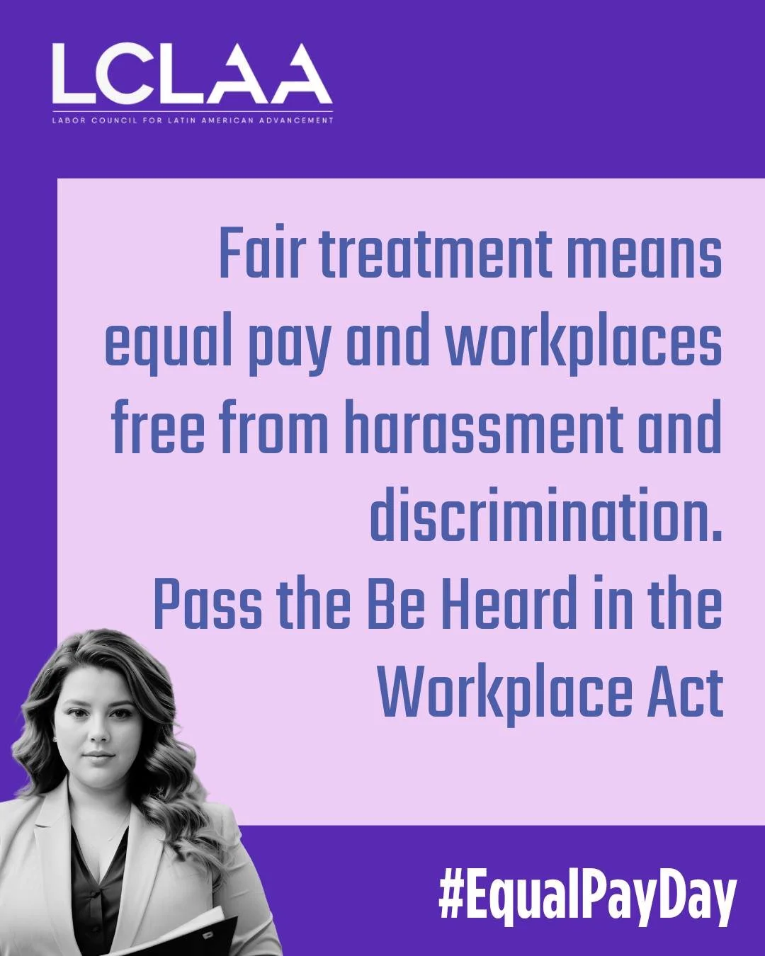 Igualdad salarial. Lugares de trabajo seguros. Las latinas merecen ambas cosas.
👩🏽👩🏾‍🦱👱🏼‍♀️Las latinas ganan solo 58 céntimos por cada dólar que ganan los hombres blancos no hispanos. Y la injusticia no se limita al salario.

Las latinas —y todos los trabajadores— merecen un lugar de trabajo