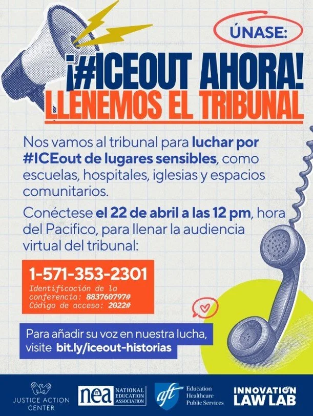 La violencia de ICE nos perjudica a TODOS. &iquest;Nos ayudas a contraatacar? 📣
Junto a los maestros, m&eacute;dicos, religiosos y l&iacute;deres comunitarios de todo el pa&iacute;s, @justiceactioncenter, @neatoday, @aftunion y @innovationlawlab exi