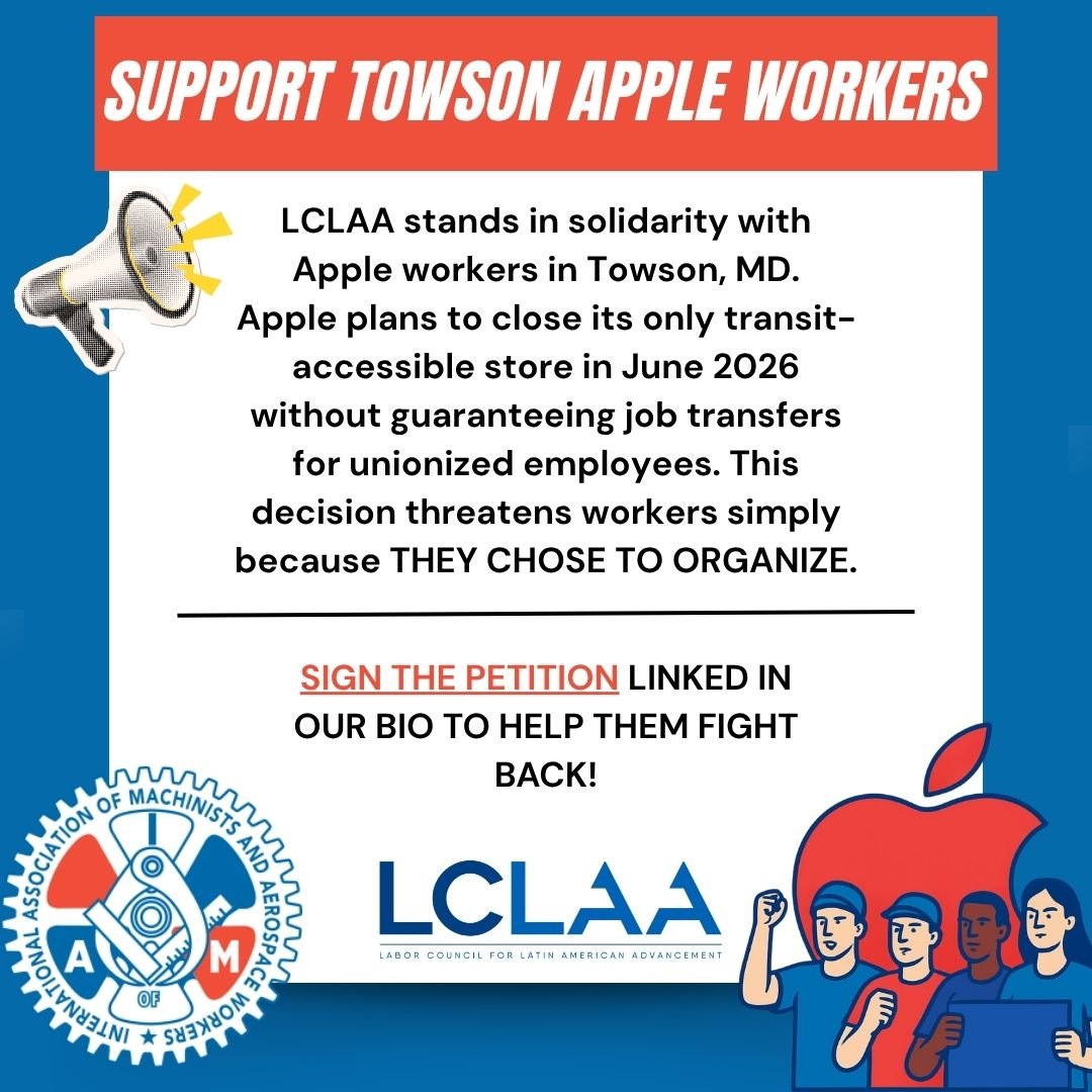 Our communities are strongest when workers are protected!

The closure of the Towson Apple store puts union jobs at risk, without guaranteeing positions for the workers who fought to organize the first-ever Apple store in 2022. It also removes one of