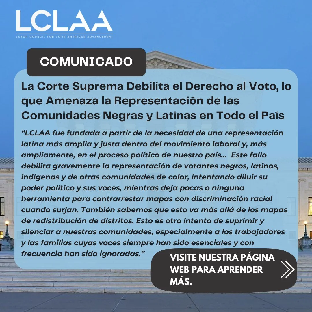 😎 LCLAA alza la voz ante la decisión del Tribunal Supremo de debilitar la Sección 2 de la Ley de Derechos Electorales.
Con esta decisión, los votantes de color de Luisiana y de todo el país se enfrentarán a obstáculos para votar.