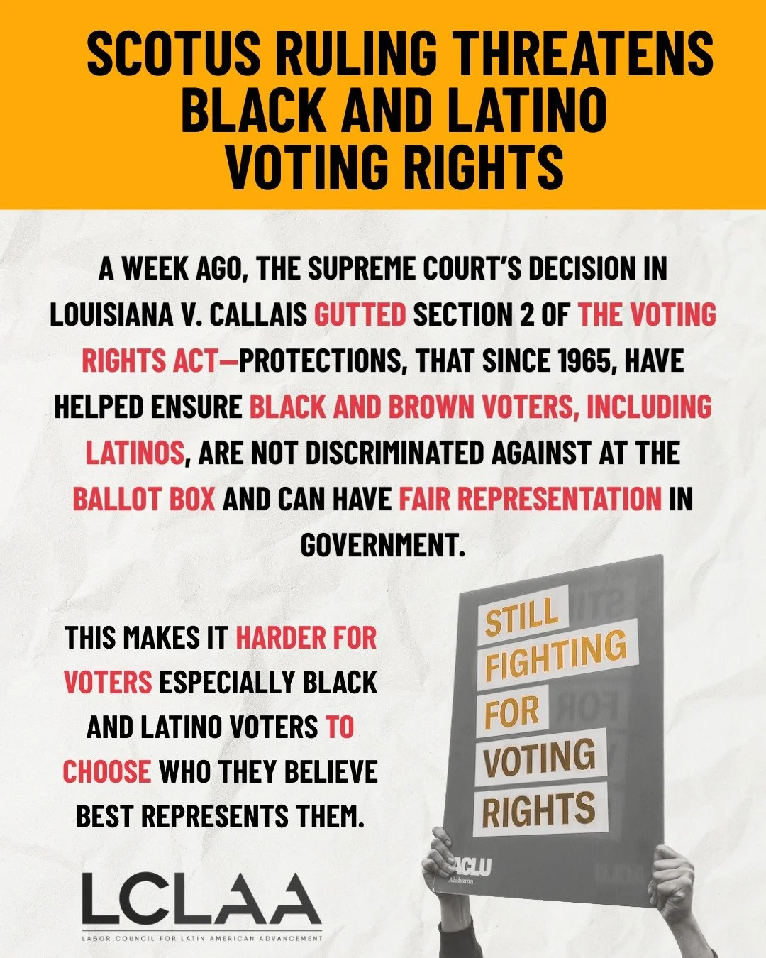 La semana pasada, la sentencia del Tribunal Supremo en el caso Louisiana contra Callais intentó hacernos retroceder más de 60 años, al dar luz verde a los estados para debilitar el poder de los votantes de color sin apenas consecuencias legales. Pero no vamos a permitir que eso...
