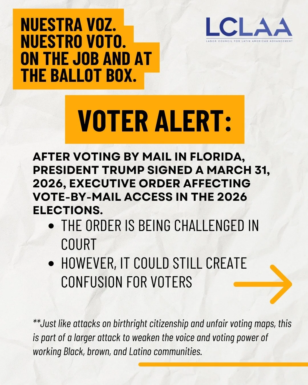 Como trabajadores latinos, nuestro voto es nuestra voz, ¡tanto en el trabajo como en las urnas! 🗳️

Una nueva orden ejecutiva podría generar confusión en torno al voto por correo en 2026, pero mantenerse informado es la mejor manera de proteger tu voto. 

✅ Comprueba tu inscripción
✅