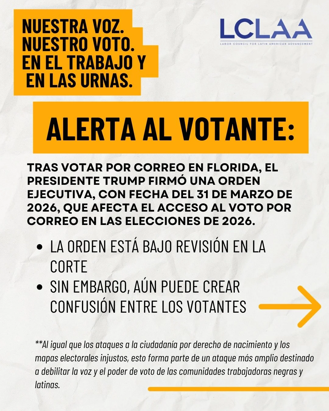 El voto es la voz de los trabajadores latinos, tanto en el lugar de trabajo como en los colegios electorales 🗳️
Una nueva orden ejecutiva podría generar confusión en el proceso de voto por correo en 2026. Pero mantente informado