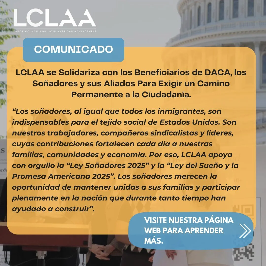 ✊🏽La lucha sigue.

LCLAA sigue apoyando a los «Dreamers» y a los beneficiarios de DACA.

Lee el comunicado de LCLAA tras la rueda de prensa y el foro del Senado sobre DACA celebrados ayer: https://bit.ly/4d7Lsu2

#LCLAA #DACA #HomeIsHere
