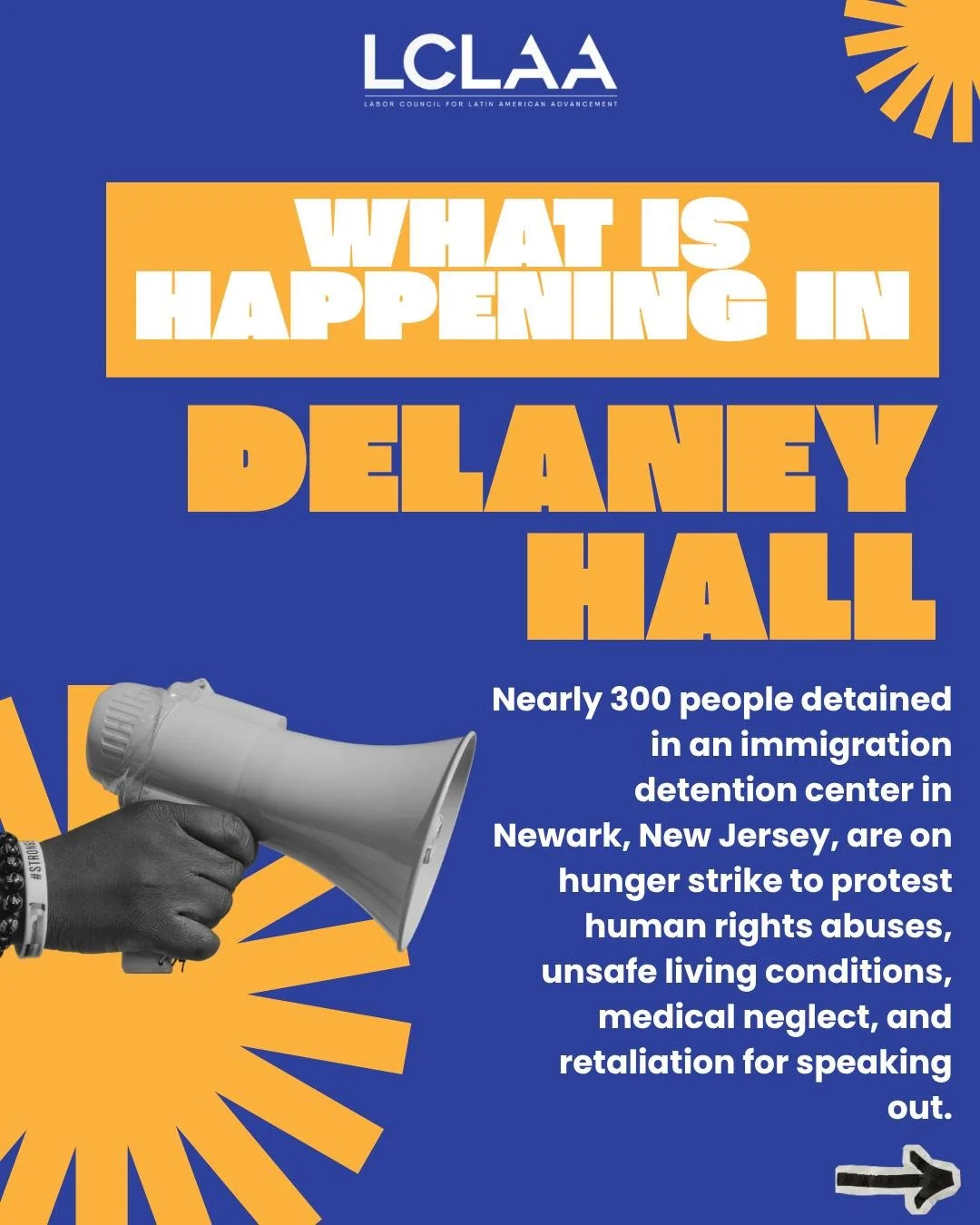 Nearly 300 people detained at Delaney Hall Detention Center in Newark, New Jersey are currently on hunger strike to protest unsafe living conditions, medical neglect, retaliation, and ongoing human rights abuses.

LCLAA stands in solidarity with the 