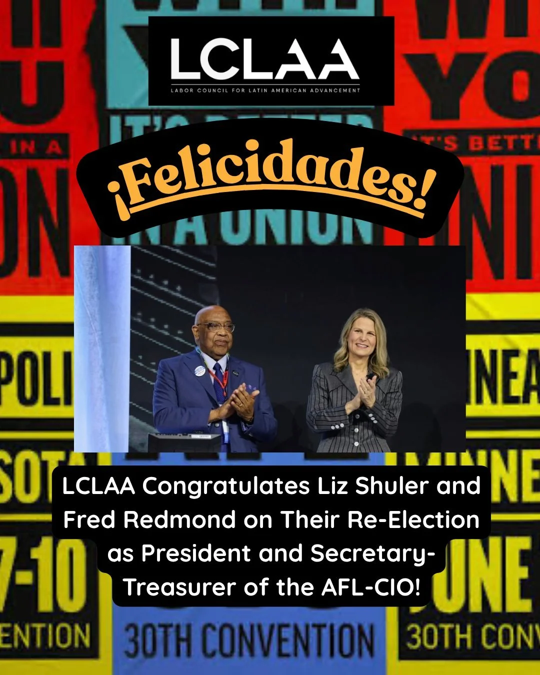 Our LCLAA familia sends a ✨grand felicidades✨ to President Liz Shuler and Secretary-Treasurer Fred Redmond on their re-election to AFL-CIO leadership during the 30th AFL-CIO Constitutional Convention!

We commend the transformational progress of the 