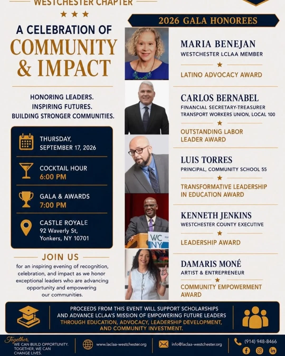 Gala de Becas e Impacto Comunitario 2026 de la sección de Westchester de la LCLAA. 