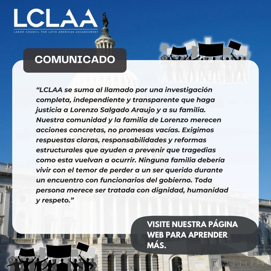 LCLAA lamenta profundamente el fallecimiento de Lorenzo Salgado Araujo y se solidariza con su familia. Exigimos justicia, transparencia y rendici&oacute;n de cuentas a DHS.  Nuestra Declaraci&oacute;n completa https://bit.ly/4wFeatj (Enlace en la bio