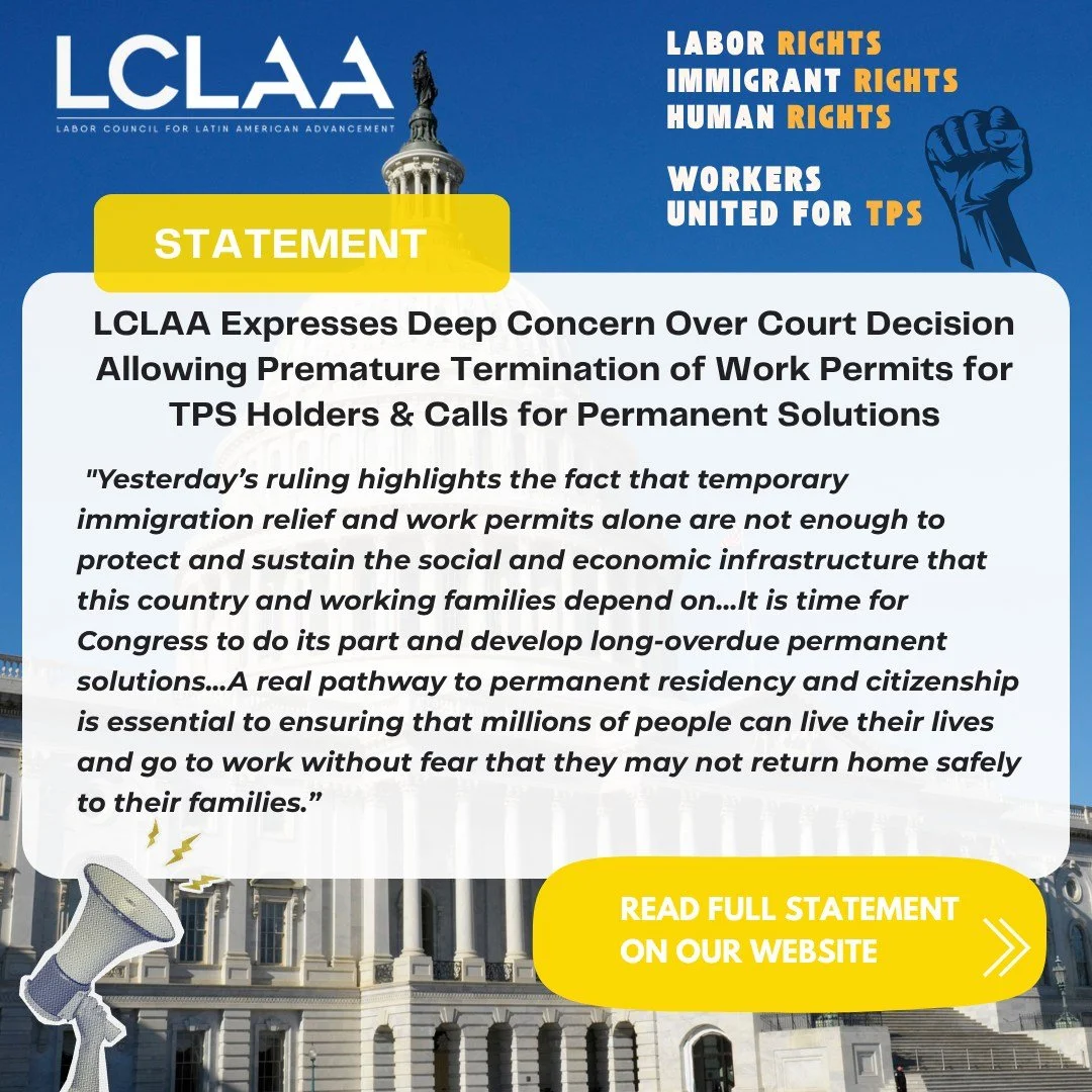 LCLAA condemns yesterday&rsquo;s federal district court ruling in Massachusetts, allowing USCIS to prematurely terminate the work permits of tens of thousands of immigrants with Temporary Protected Status (TPS). 

We also recognize that it underscore