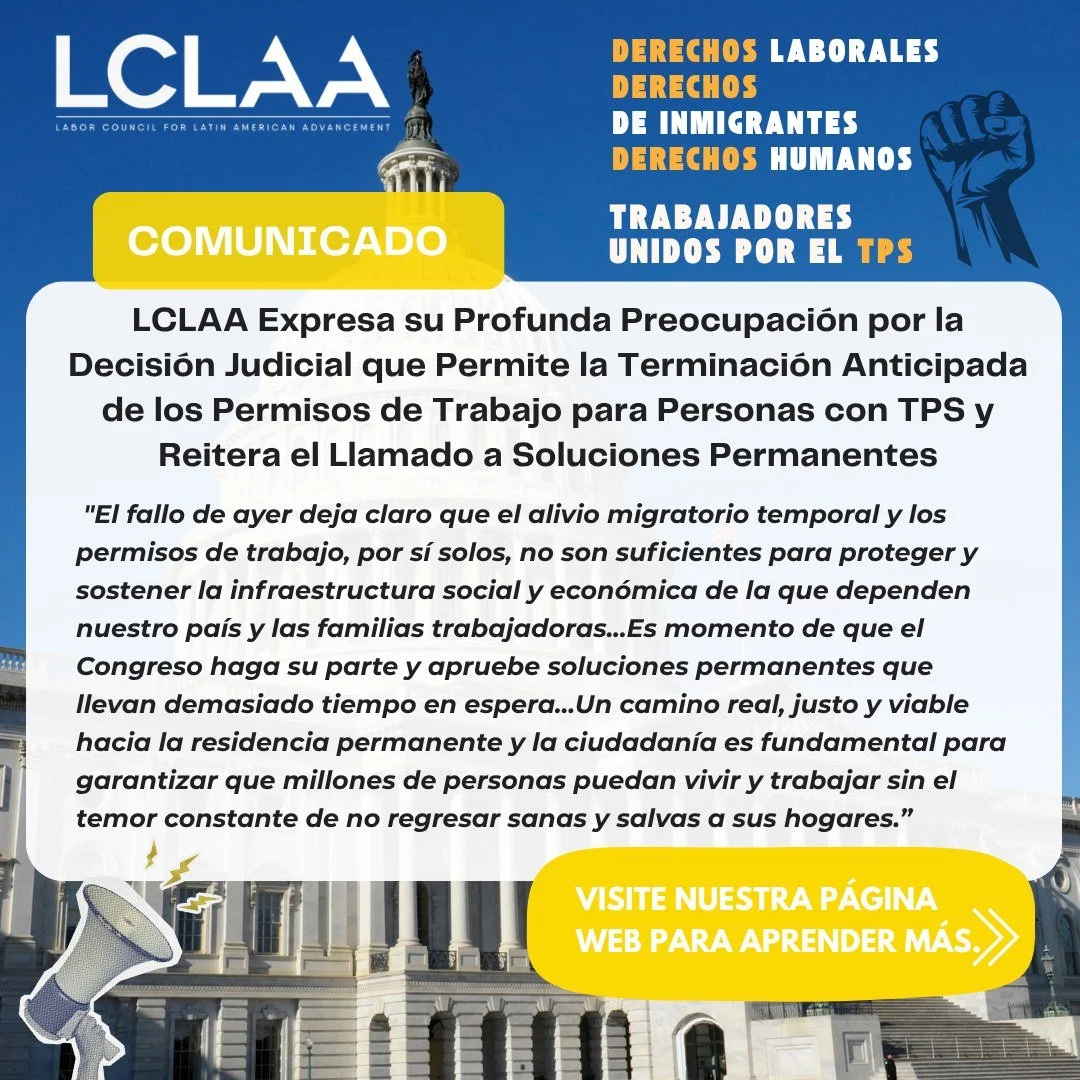 LCLAA expresa su profunda preocupaci&oacute;n por la decisi&oacute;n del tribunal federal del distrito de Massachusetts que permite a USCIS cancelar de forma anticipada determinadas autorizaciones de empleo para inmigrantes con Estatus de Protecci&oa