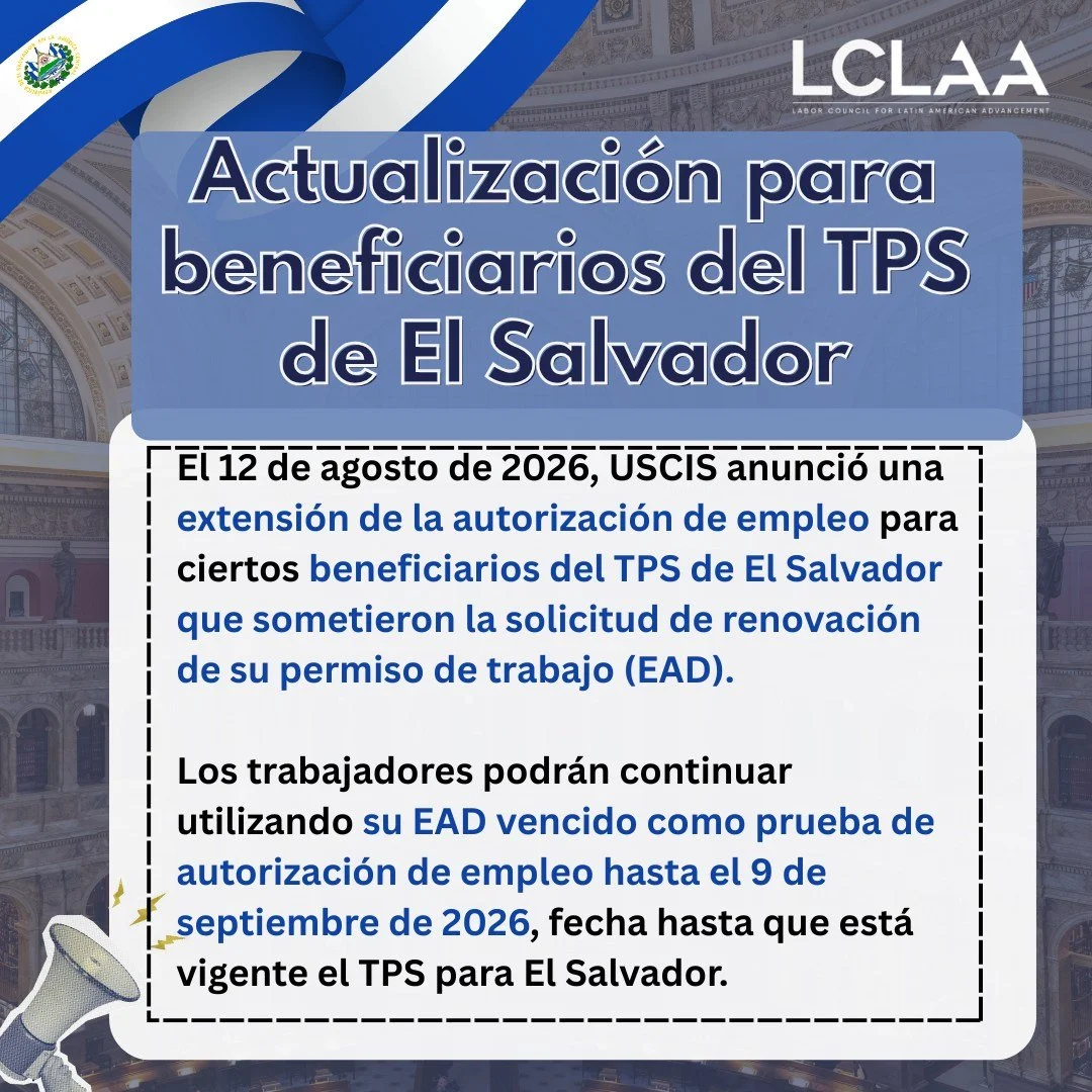 📢 Anuncio importante para la comunidad salvadore&ntilde;a con TPS:

USCIS anunci&oacute; que los permisos de trabajo de ciertas personas salvadore&ntilde;as con TPS se extienden autom&aacute;ticamente hasta el 9 de septiembre de 2026.

Tenga en cuen