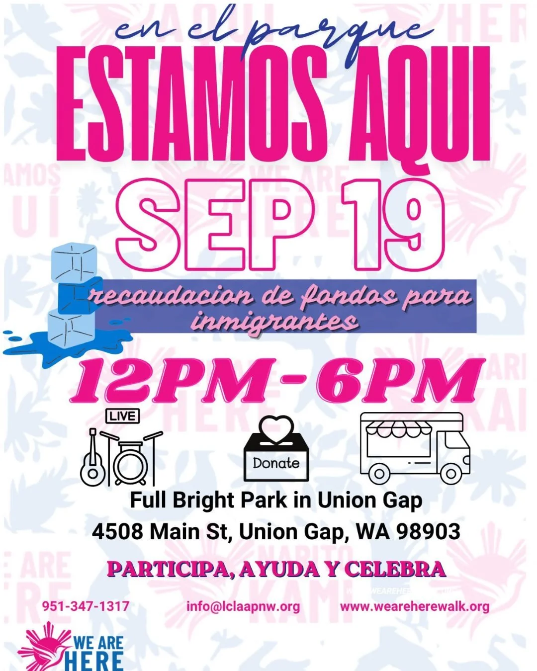 ¿No puedes unirte a la marcha?
Ven, celebremos juntos en Full Bright Park, en Union Gap, y rindamos homenaje a la solidaridad mientras los participantes recorren el trayecto desde Granger. 
Participa como voluntario o como expositor.
Apoya y soli
