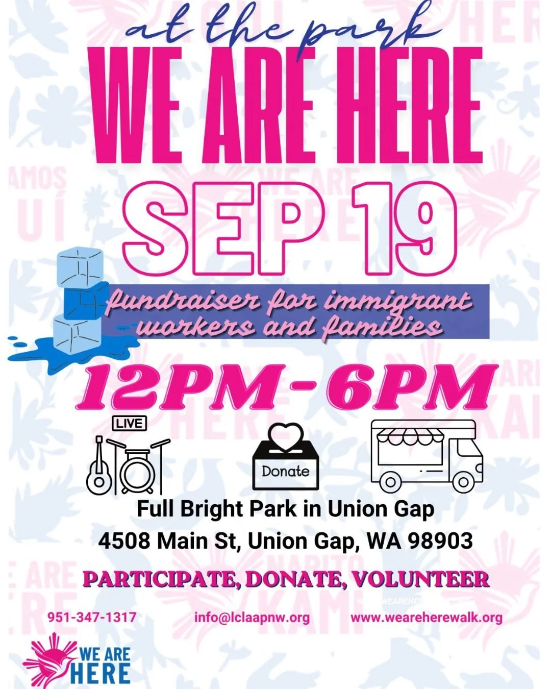 ¿No puedes venir a caminar con nosotros?
Ven al parque Full Bright de Union Gap para celebrar y rendir homenaje a la solidaridad mientras los manifestantes marchan desde Granger.
Hazte voluntario o participa como vendedor. Muestra tu apoyo y solidaridad con las familias trabajadoras que sufren persecución y redadas.
