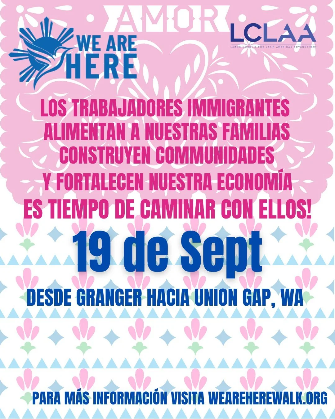 ¡La esperanza empieza con un paso!
Únete a la Marcha «Estamos Aquí» el 19 de septiembre y muestra tu solidaridad con los trabajadores inmigrantes y las familias afectadas por las detenciones, las deportaciones y la crisis económica.