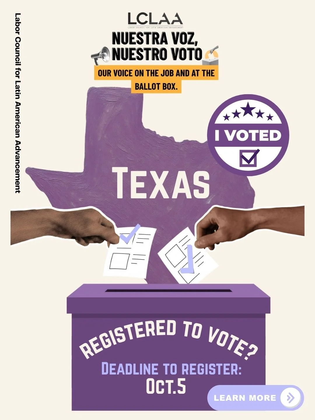 ¡Hola, Texas! 👋🏽🤠

Si estás leyendo esto, es hora de inscribirte en el censo electoral o de comprobar si ya estás inscrito. 🗳️👀 Nuestro voto es nuestra voz.

🔍Busca la oficina del censo electoral de tu condado (TX) para inscribirte por correo o en persona