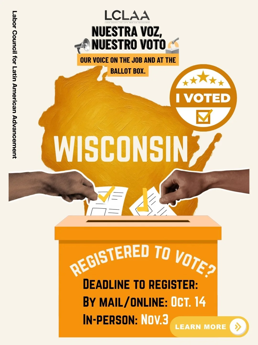 ¡Hola, Wisconsin! 👋🏽🧀
Si estás leyendo esto, es hora de inscribirte en el censo electoral… o de comprobar si ya estás inscrito. 🗳️👀

En este Mes de la Herencia Hispana, digámoslo alto y claro con orgullo: ¡Estamos aquí! 🇲🇽🇵🇷?