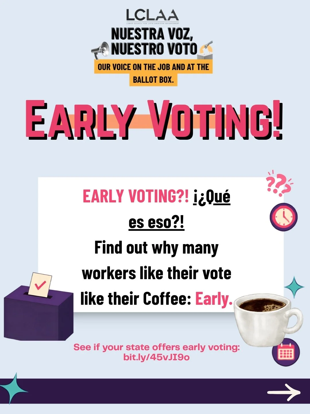 Why Wait?! Vote Early! 

Work. Kids. Appointments. La vida. Sometimes it feels like there aren&rsquo;t enough hours in the day, including Election Day.
That&rsquo;s where early voting may come in. 🗳️

➡️ Swipe to learn what early voting is, why many