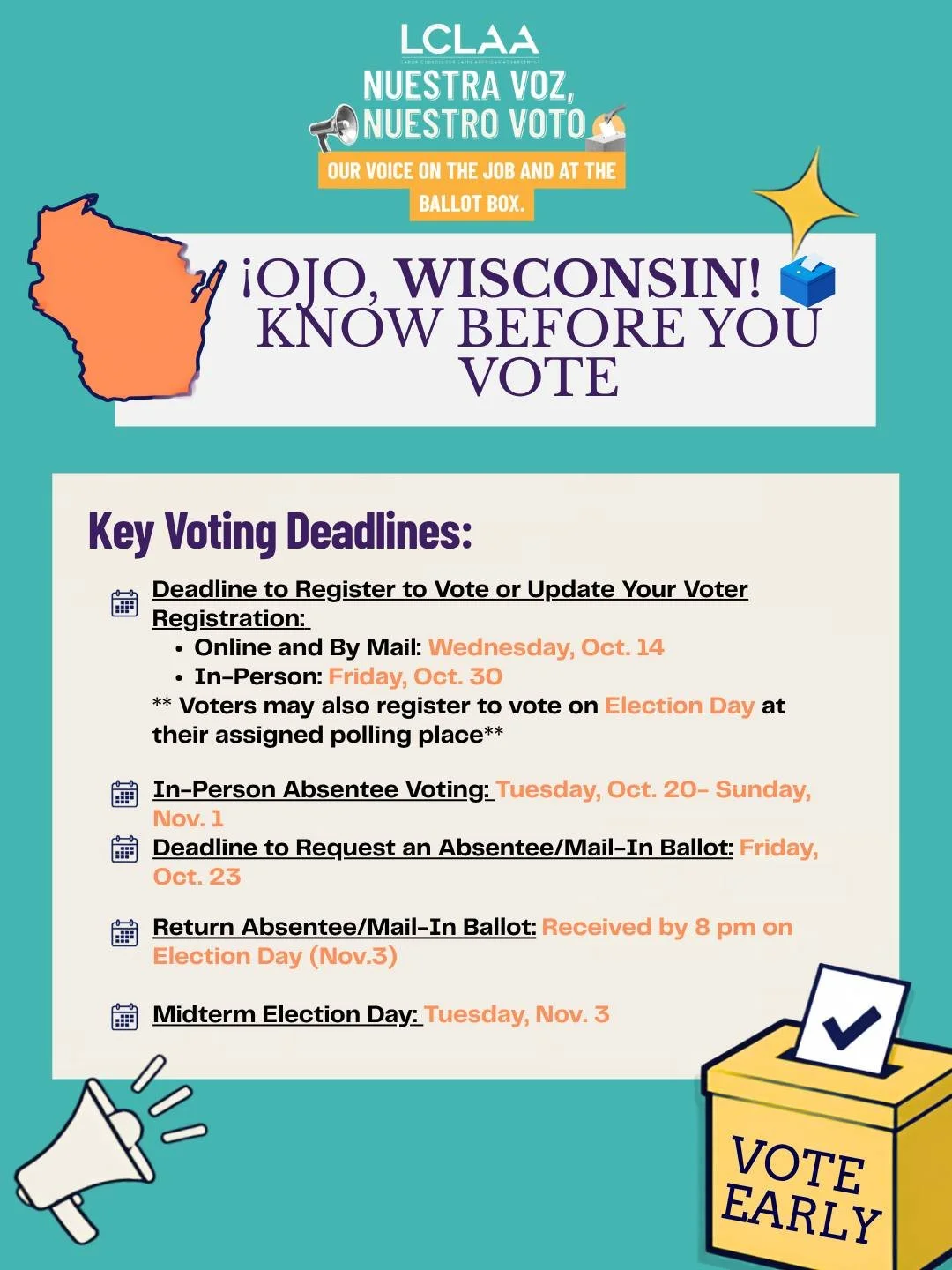 &iexcl;OJO, WISCONSIN!🦡 🗳️
Between work, family, and everything in between, Election Day can sneak up on us. Don&rsquo;t let important voting deadlines do the same! 

Wisconsin voters: know your dates, check your registration, find out where you&rs