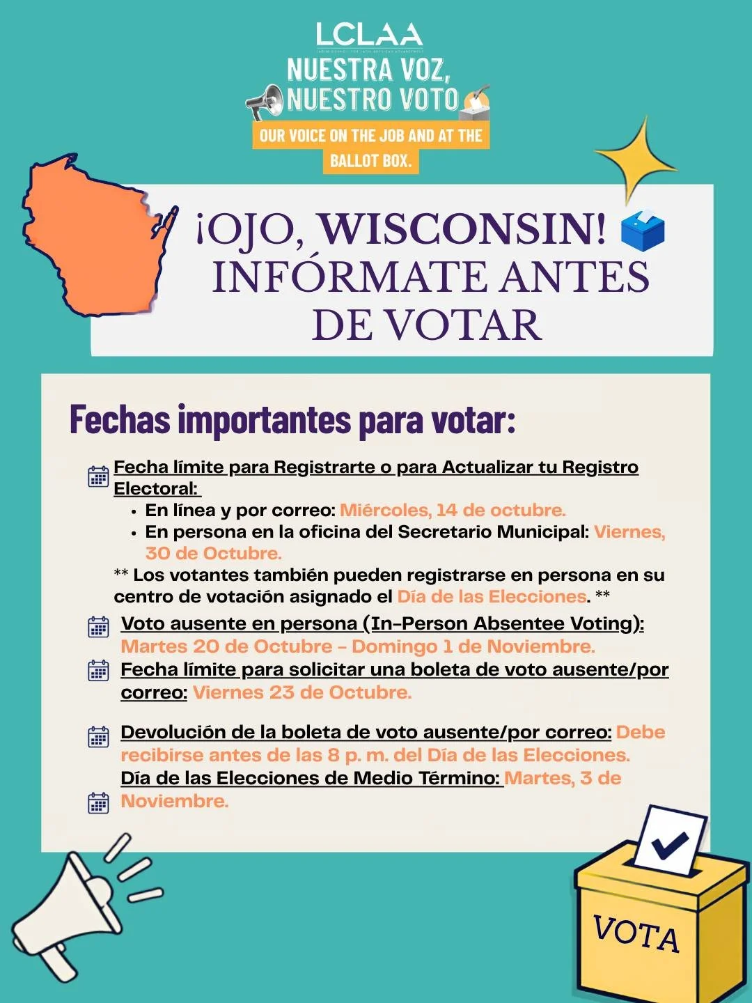 &iexcl;OJO, WISCONSIN!🦡 🗳️'
Entre el trabajo, la familia y todo lo dem&aacute;s, el D&iacute;a de las Elecciones puede llegar antes de que nos demos cuenta. &iexcl;No dejes que pase lo mismo con las fechas importantes para votar! 

Votantes de Wisc