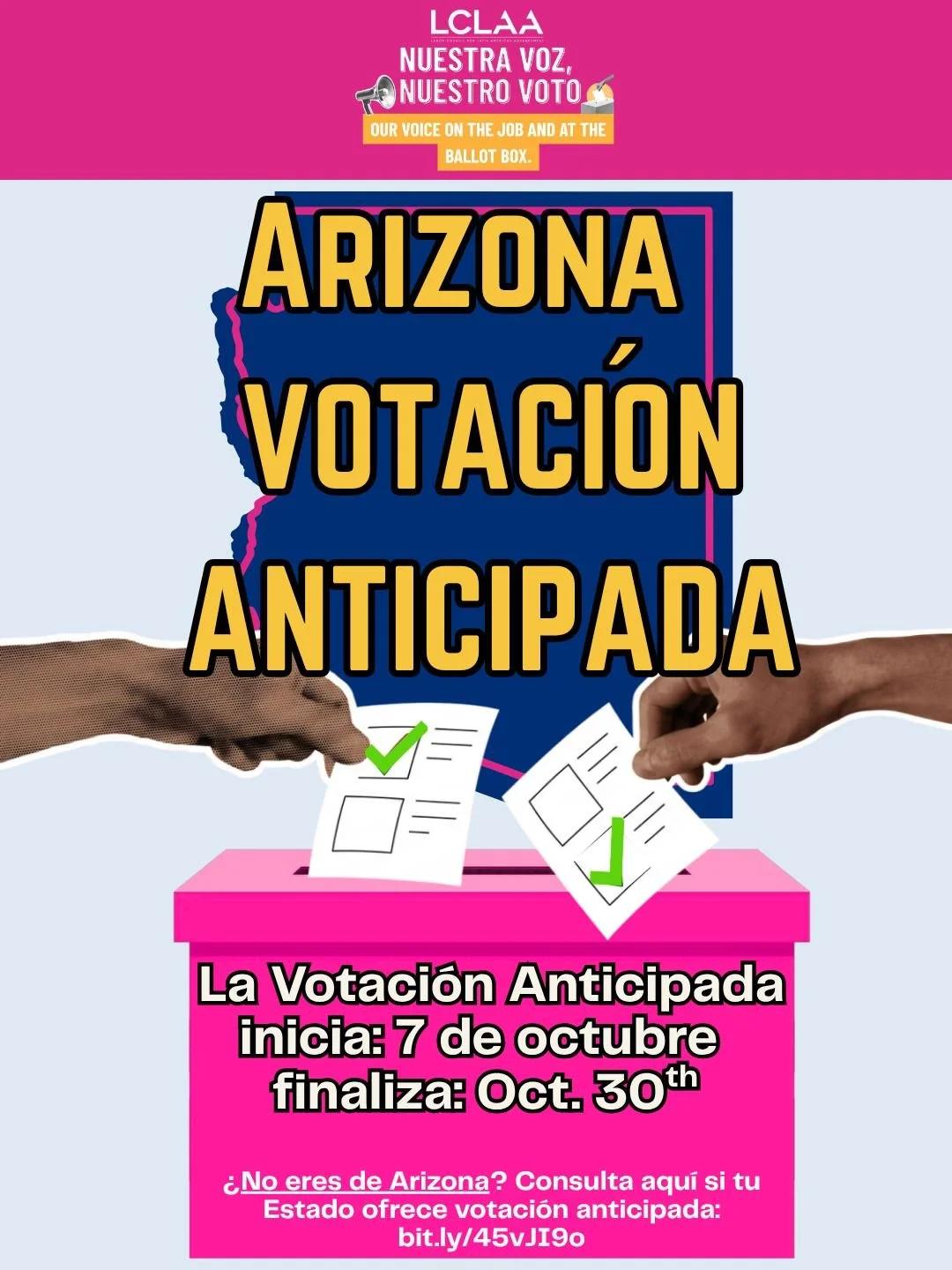 &iexcl;Hola, ARIZONA! 👋🏽 &iexcl;La Votaci&oacute;n Anticipada est&aacute; a solo unos d&iacute;as!

📍 Arizona: La Votaci&oacute;n Anticipada ser&aacute; del 7 al 30 de octubre

Los horarios de trabajo cambian. Los ni&ntilde;os se enferman. La vida