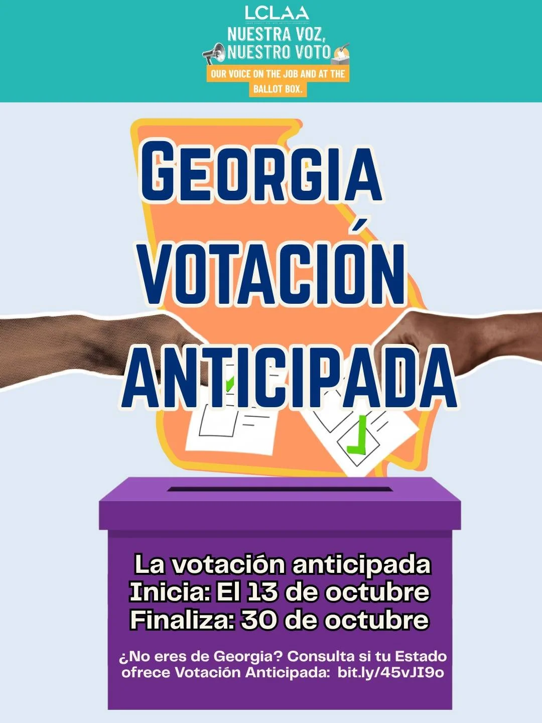 ¡Hola, GEORGIA! 👋🏽 ¡La votación anticipada está a solo unos días!

📍 Georgia: La votación anticipada tendrá lugar del 13 al 30 de octubre.

Los horarios de trabajo cambian. Los niños se ponen enfermos