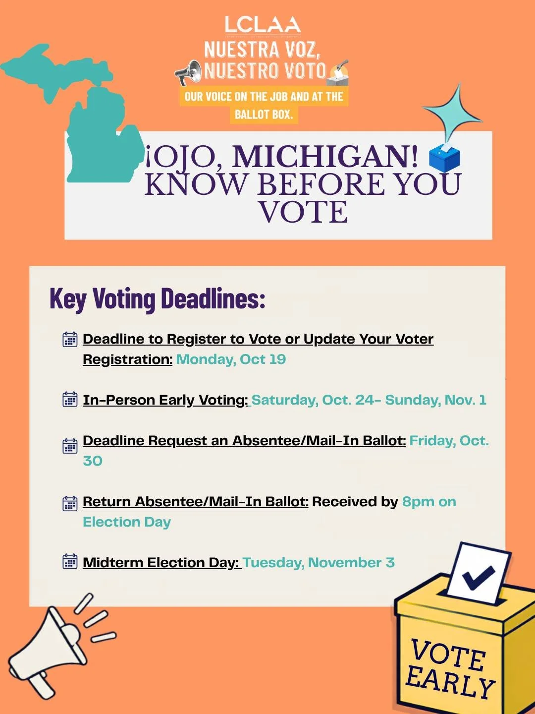 ¡OJO, MICHIGAN!✋ 🗳️
Entre el trabajo, la familia y todo lo demás, el día de las elecciones puede llegar antes de que nos demos cuenta. ¡No dejes que pase lo mismo con las fechas importantes para votar! 

Haz un plan. Prep&a