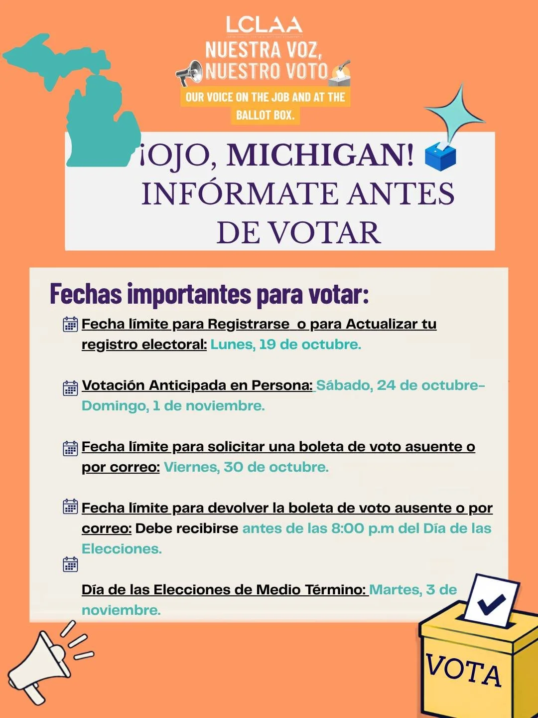¡OJO, MICHIGAN!✋ 🗳️
Entre el trabajo, la familia y todo lo demás, el día de las elecciones puede pillarnos por sorpresa. No dejes que lo mismo ocurra con los plazos importantes para votar.

Haz un plan. Prepárate. Haz que tu voz cuente.

✔️Inscríbete en el censo electoral/Comprueba tu voto
