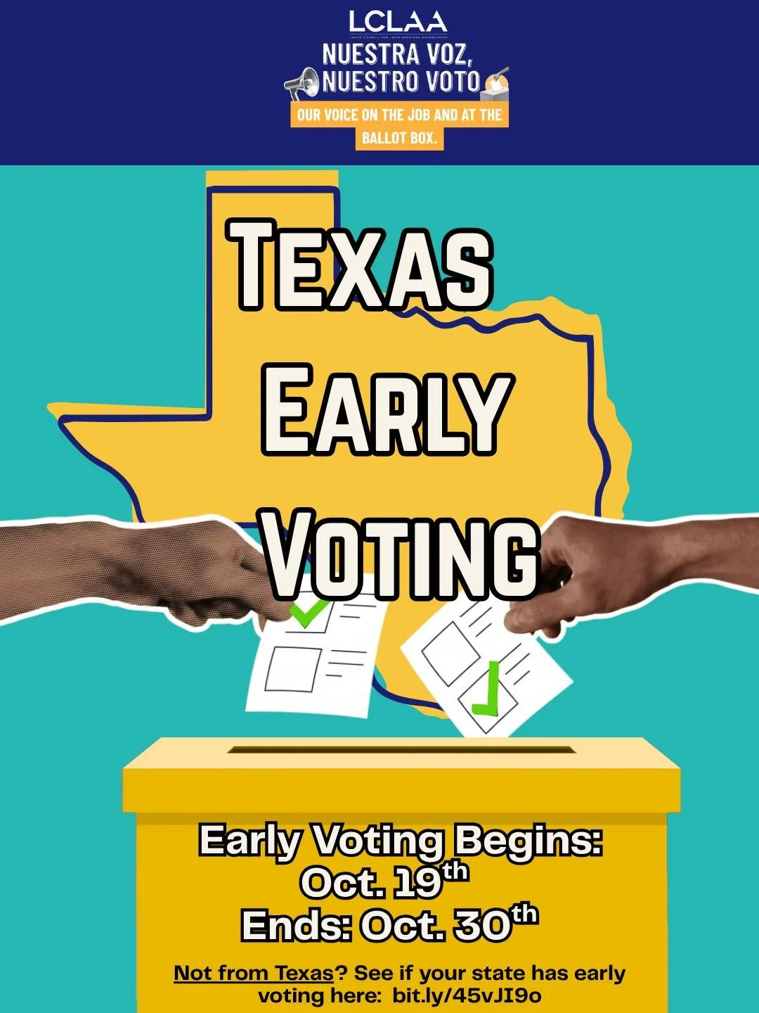 ¡Hola, TEXAS! 👋🏽 ¡Ya solo quedan unos días para la votación anticipada!

📍 Texas: La votación anticipada se celebra del 19 al 30 de octubre.

¿Por qué esperar si no es necesario? 🗳️ ¡Vota por adelantado!

Los horarios de trabajo cambian. Los niños se ponen enfermos. Son cosas de la vida. 

Votar por adelantado te permite 