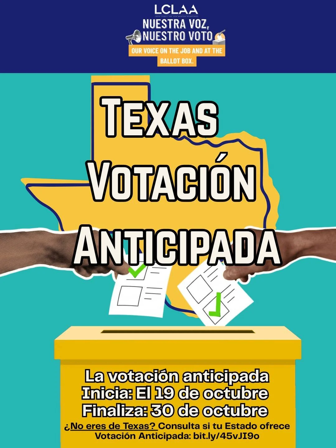 ¡Hola, TEXAS! 👋🏽 ¡La votación anticipada está a solo unos días!

📍 Texas: La votación anticipada será del 19 al 30 de octubre. 

No tienes por qué esperar 🗳️ ¡Vota por adelantado!

Los