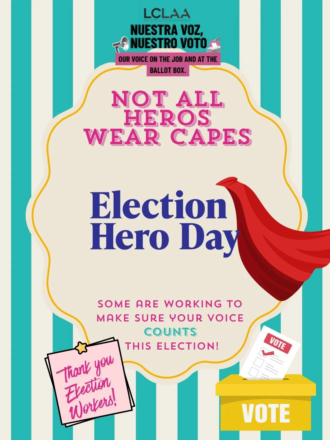 🗳️⭐ ¡Feliz Día de los Héroes Electorales!

¡Detrás de cada elección hay TRABAJADORES que la hacen posible! ✊🏽

💪🏽 Nuestros héroes electorales:
✅ Garantizan que nuestras elecciones sean seguras y accesibles
✅ Ayudan a proteger nuestra democracia
✅ Ayudan a los votantes a hacer oír su voz en las urnas
