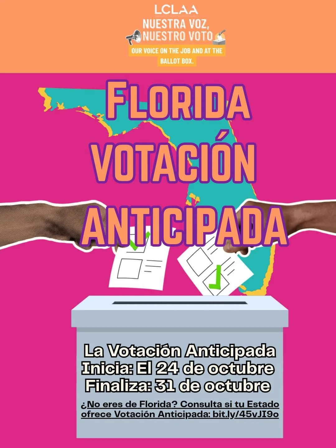 ¡Hola, FLORIDA! 👋🏽 ¡Votación anticipada!

📣 La votación anticipada tiene lugar del 24 al 30 de octubre. 

¿Por qué esperar si no es necesario?! 🗳️

Los horarios de trabajo cambian. Los niños se ponen enfermos