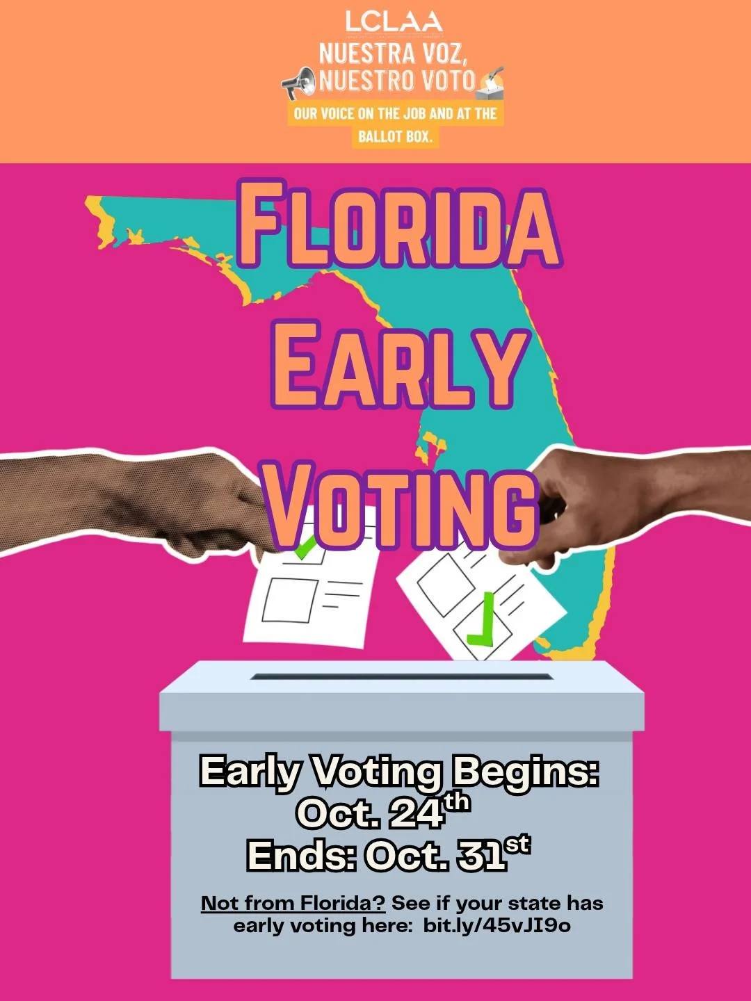 ¡Hola, FLORIDA! 👋🏽 ¡Vota por adelantado!

📣 La votación anticipada se celebra del 24 al 30 de octubre.

¿Por qué esperar si no es necesario? 🗳️

Los horarios de trabajo cambian. Los niños se ponen enfermos. Son cosas de la vida. 

Votar por adelantado te da más flexibilidad para hacer oír tu voz con