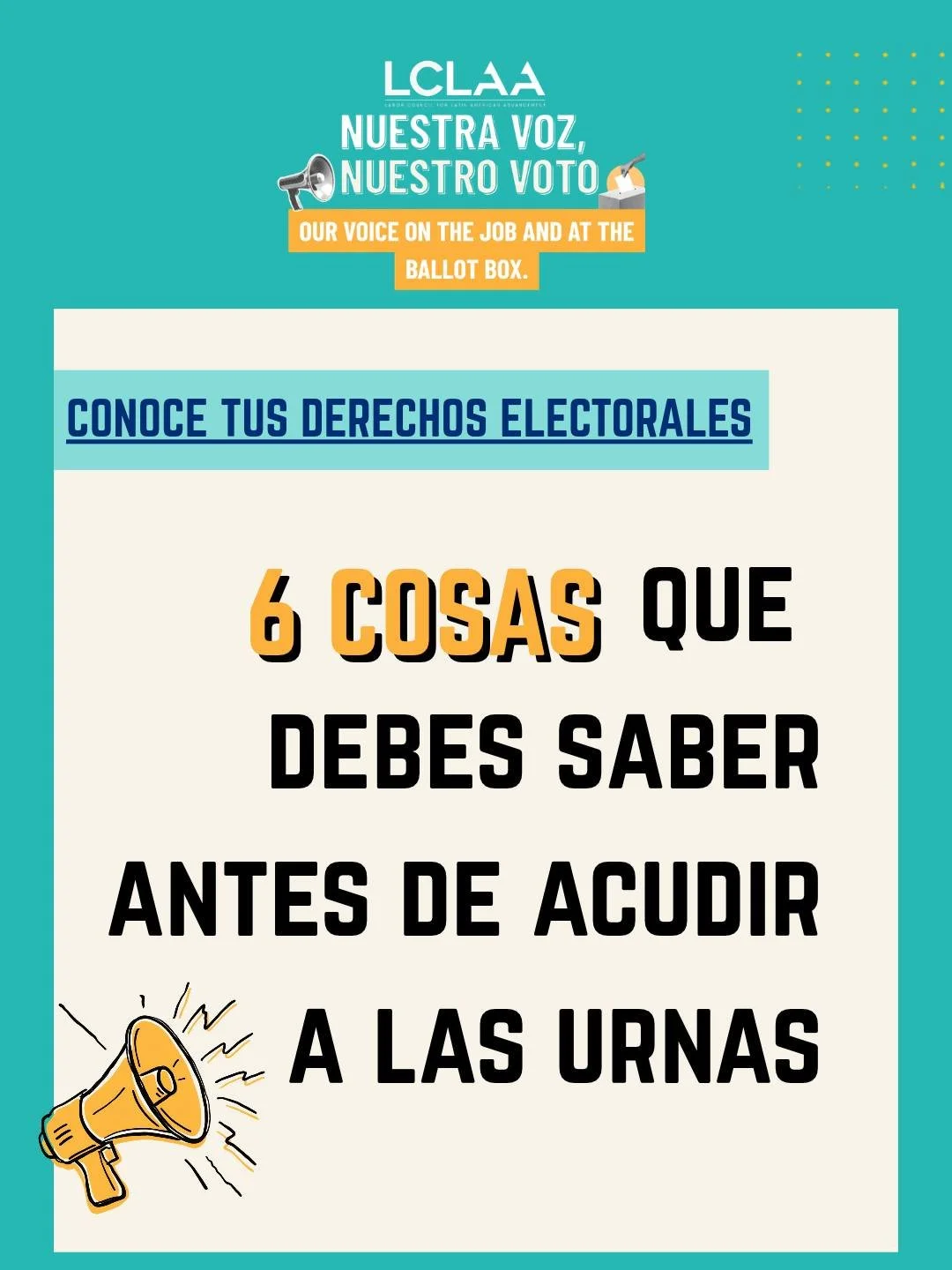 🚨 &iexcl;ATENCI&Oacute;N! &iexcl;Faltan solo 13 d&iacute;as para el D&iacute;a de las Elecciones! 🗳️

Ya sea que votes anticipadamente o acudas a las urnas el 3 de noviembre, conocer tus derechos es fundamental para estar preparado para votar.

➡️ 
