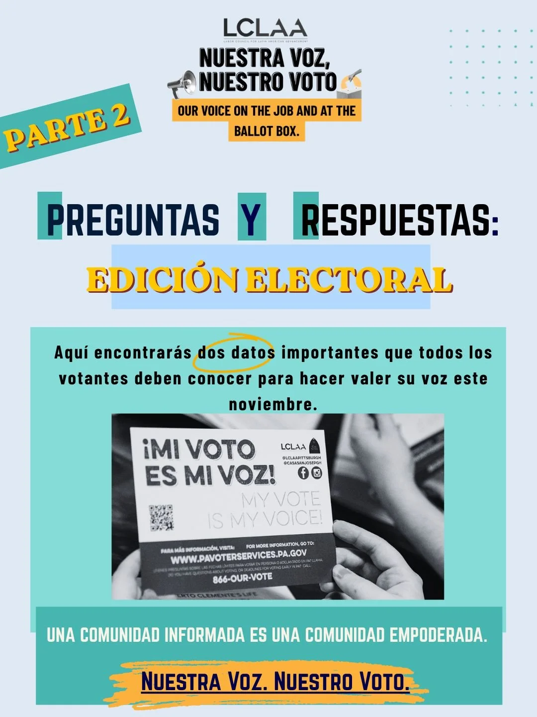 ❤️✊🏽 Nada sobre nosotros sin nosotros. Por eso votamos.

Cada d&iacute;a, las y los trabajadores estamos presentes por nuestras familias, nuestros lugares de trabajo y nuestras comunidades.Nuestra voz importa tanto en el trabajo COMO en las urnas. ?