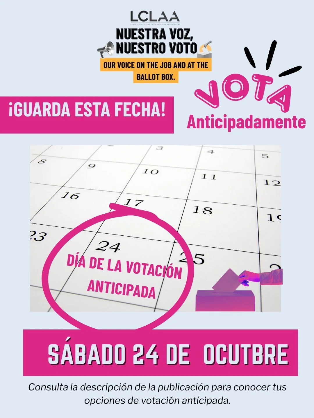 ¿Te gusta tomarte el café temprano? ☕ ¿Y qué tal votar temprano? 🗳️

¡Este sábado, 24 de octubre, es el Día del Voto Anticipado!

Entre el trabajo, recoger a los niños del colegio, las citas, los 