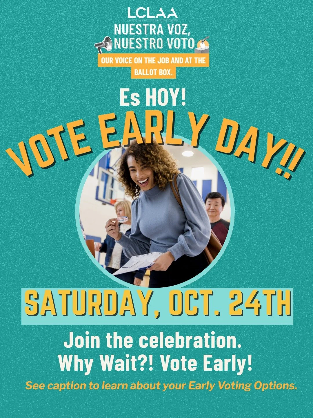 ¡ES HOY!!! ¡Es el Día del Voto Anticipado! 🗳️🎉

¿Tienes que trabajar el día de las elecciones? ¿Tienes que recoger a los niños? ¿Tienes que cuidar de la familia? ¿O quizá simplemente quieres quitártelo de encima?

¿Por qué esperar si no es necesario? 👀

Hoy es el #VoteEarlyDay, un recordatorio para que compruebes tu