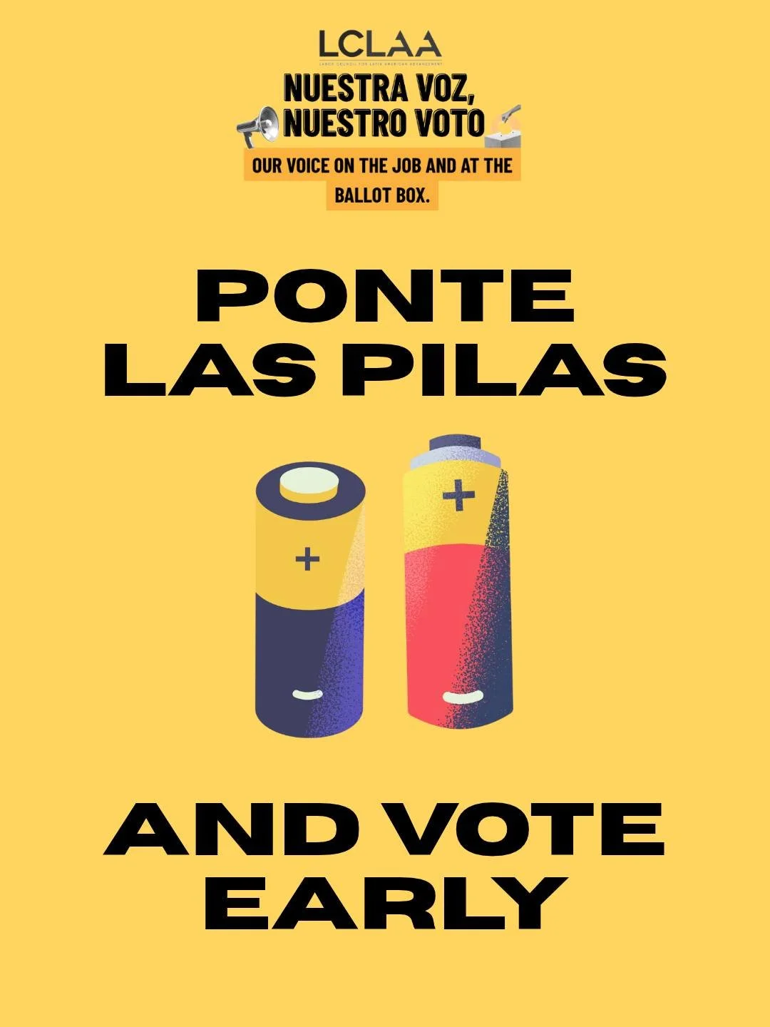 ¡Ponte las pilas, familia de la LCLAA! 🔋 No dejes para mañana lo que puedas hacer hoy. ¡VOTA POR ADELANTADO! 

¡Trae a tus tías, tíos, compañeros de trabajo y compañeros del sindicato!

📅 Consulta las fechas de votación anticipada de tu estado: qrco.de/earlyvotingcalen