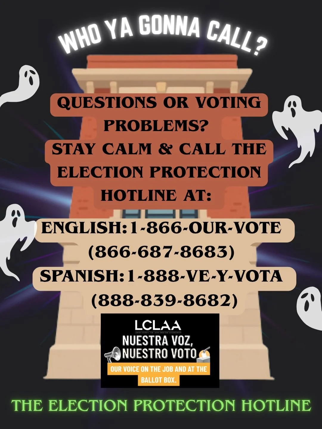 Voting doesn't have to be scary!👻

Knowing who to call if you have questions or concerns at the polls is how you stay informed when making your voice heard! 

An informed community is an empowered one.

Nuestra Voz. Nuestro Voto. ✊🏽🗳️
#LCLAA #Nues