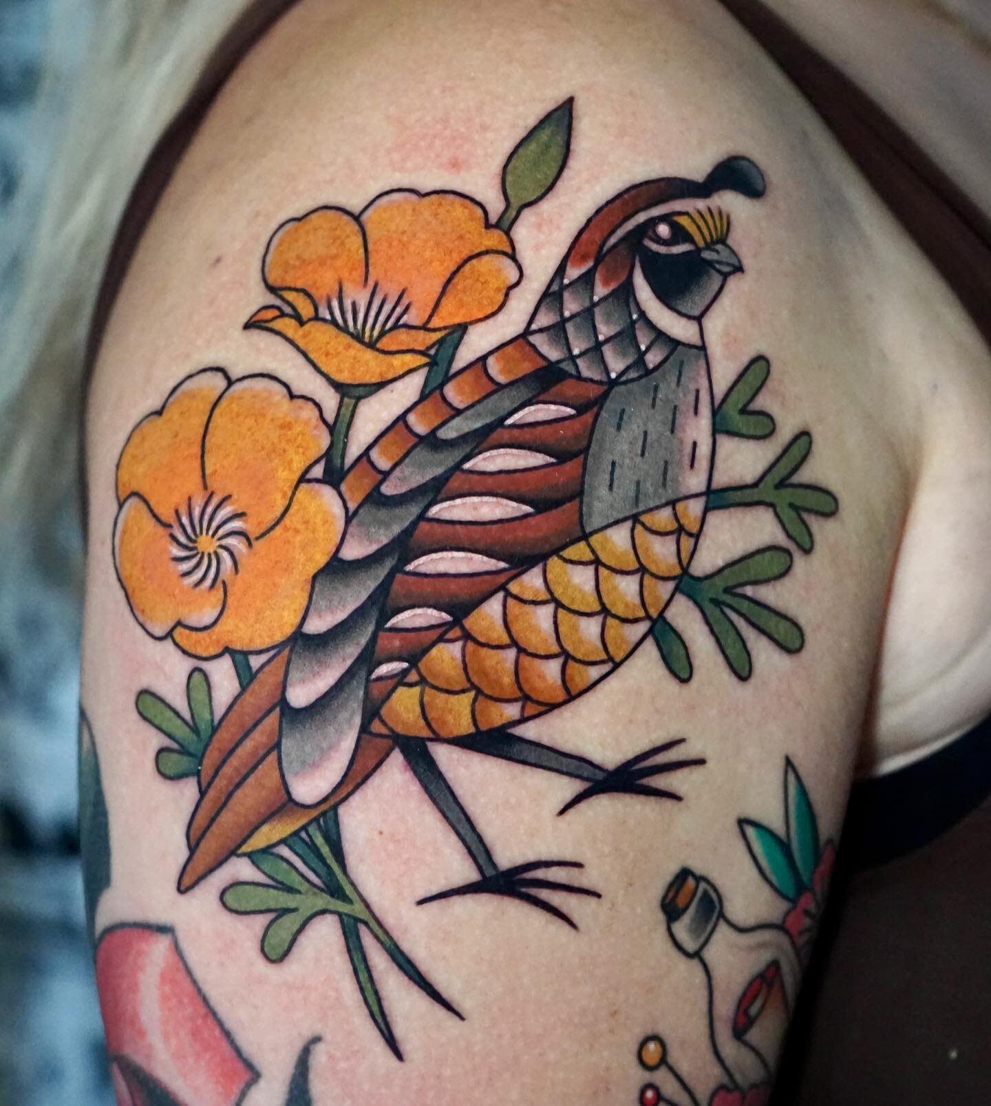 Tattoo uploaded by Tattoodo  Cute quail by Becca GennéBacon  beccagennebacon neotraditional color quail feathers wings bird  flowers leaves nature tattoooftheday  Tattoodo