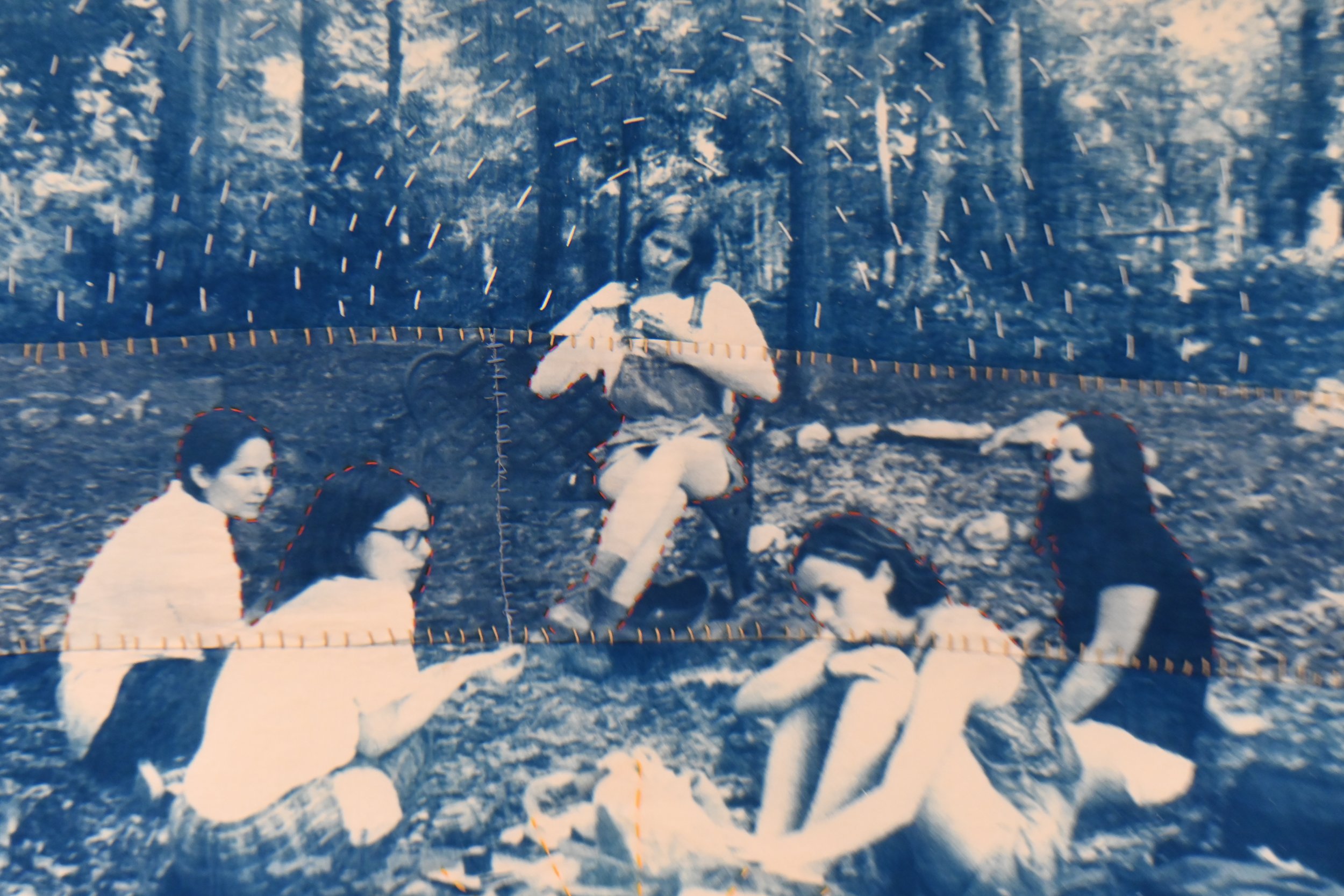  Madeleine Miller Friends Around A Friend's Grave 2024 35 mm film, Silver Gelatin Print. Cyanotype with Hand Stitching 