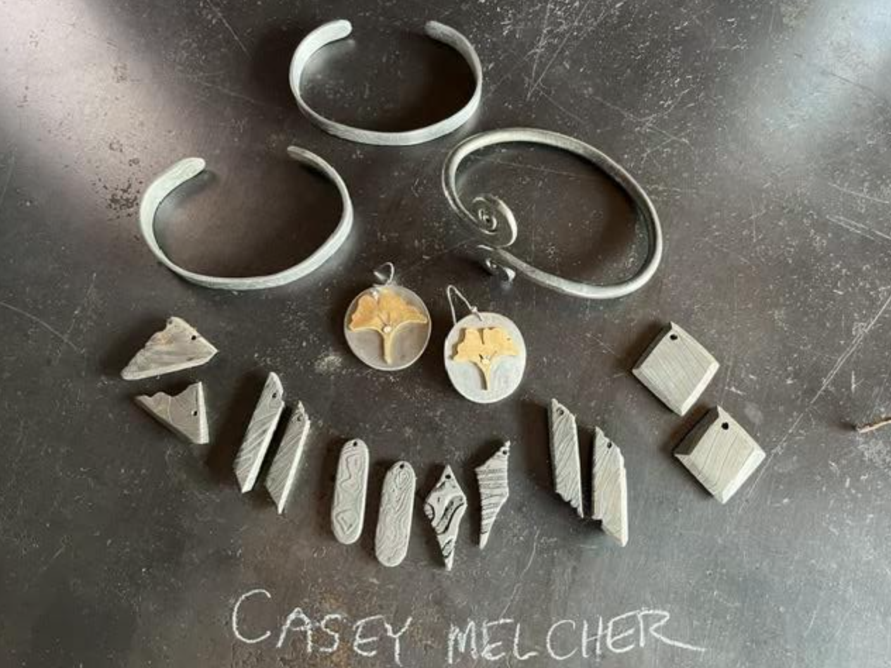  Leaf earrings, cuffs and Damascus earrings and pendants by Casey Melcher. 